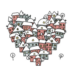 Wall Mural - Winter city of love, heart shape sketch for your design