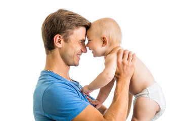 Poster - happy father and baby son in his hands having fun pastime isolat