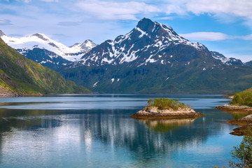 Wall Mural - scenic view of fjord and snow mountains, Norway, Lofoten