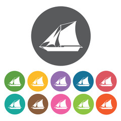 Sailing boat icons set. Round colourful 12 buttons. Vector illus