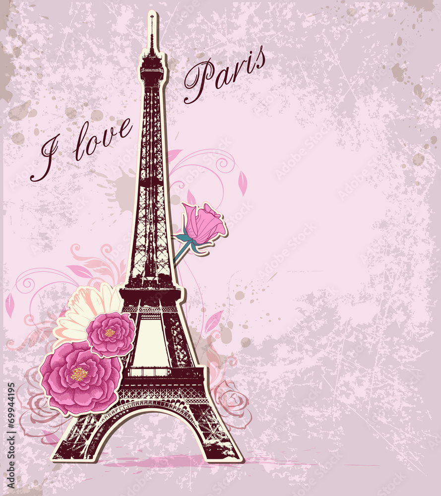 Roses and  Eiffel tower - obrazy, fototapety, plakaty 