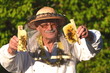 pszczelarz trzyma ramki z małego ulika weselnego w pasiece