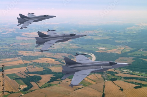 3d models of jet fighters flying above the rural landscape Poster