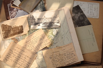 Wall Mural - Old postcards, letters and atlas.