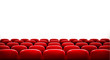 Rows of red cinema or theater seats in front of white blank scre