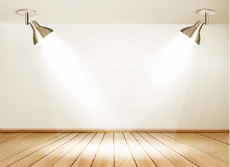 Showroom with wooden floor and two lights. Vector.