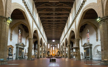 Interior Of Basilica Di Santa Croce, Florence, Italy. Inside Medieval Church.
