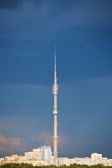 Poster - dark blue rainy clouds over Ostankinskaya TV tower