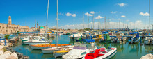Port Of Acre, Israel. With Boats And The Old City