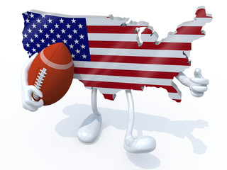 american map with arms, legs and rugby ball on hand