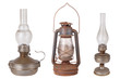 Three antique kerosene lamps isolated on white background