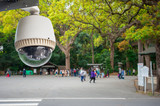 Fototapeta Nowy Jork - CCTV Camera or surveillance operating in outdoor park with peopl