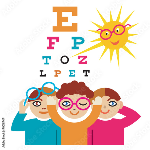 Naklejka na drzwi Children at the eye doctor.