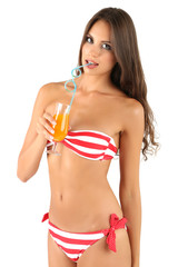 Wall Mural - Beautiful young woman in swimsuit with cocktail isolated