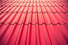 Red Tile Roof Floor Background. Closeup Roofing Texture Pattern. Materials To Build A House For Sun And Rain Protection. Gray And White Backdrop With Top Rays Light.