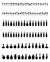 Black silhouettes of pitchers, glasses and bottles, vector
