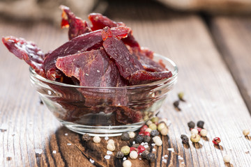 Beef Jerky on wooden background