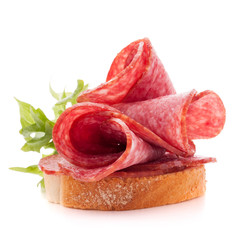 Poster - sandwich with salami sausage on white background  cutout