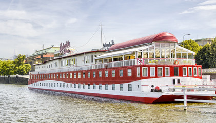 BRATISLAVA, SLOVAKIA - JUNE 24, 2011: Red cruise ship anchored o