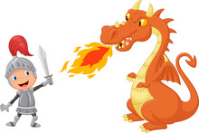 Cartoon Knight With Fierce Dragon