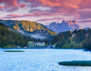 Beautiful summer morning on the Lake Misurina, in Italy Alps, Tr