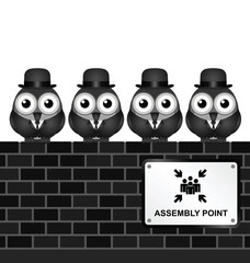 Monochrome comical assembly point sign