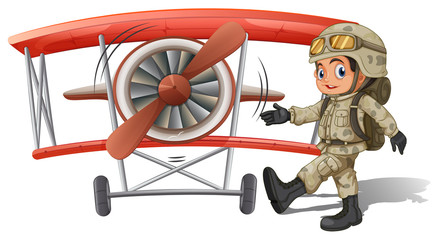 Wall Mural - A young soldier near the plane