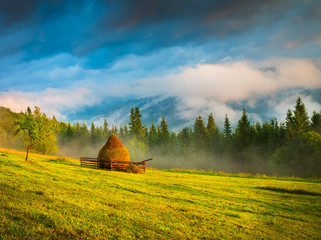 Wall Mural - amazing mountain landscape with fog and a haystack