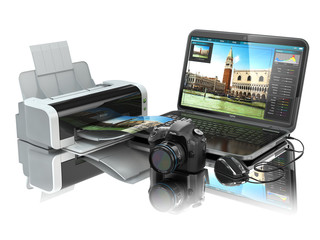 Poster - Laptop, photo camera and printer. Preparing images for print.