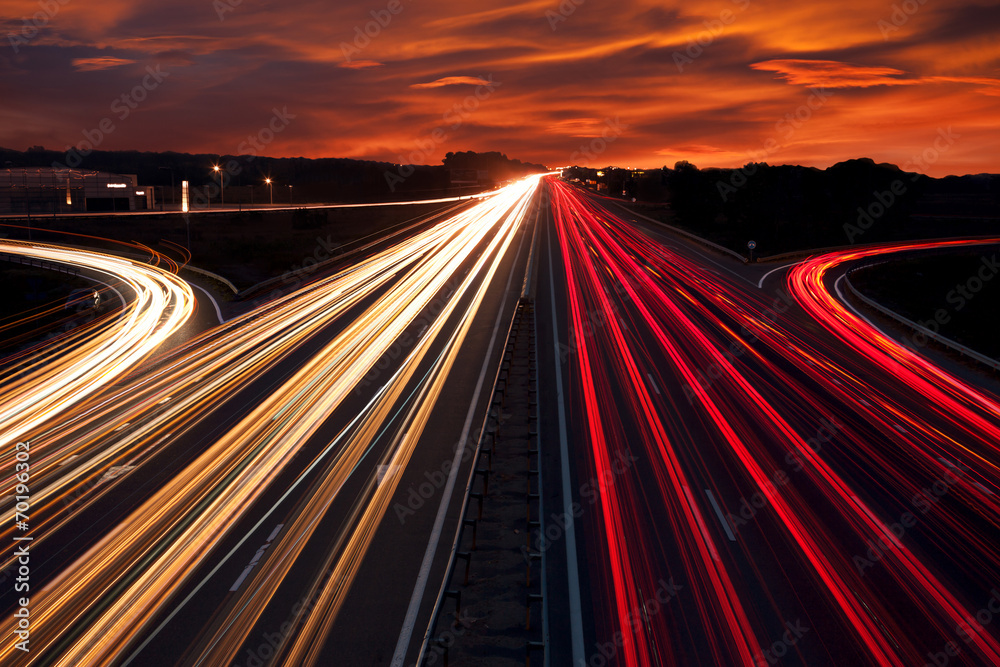 Speed Traffic - light trails on motorway highway at night - obrazy, fototapety, plakaty 