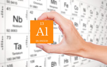 Aluminium Symbol Handheld In Front Of The Periodic Table