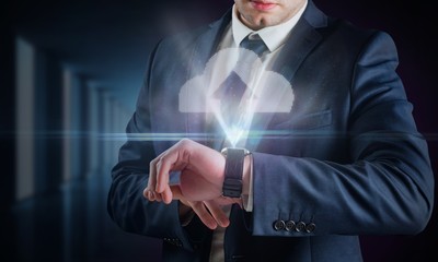 Poster - Composite image of businessman using hologram watch