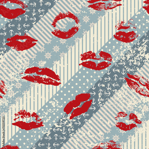 Fototapeta na wymiar Grunge pattern in nautical style with imprints of lipstick