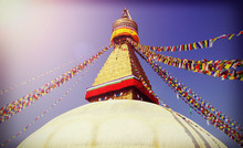 Vintage Filtered Picture Of Boudhanath Stupa In Kathmandu, Nepal.