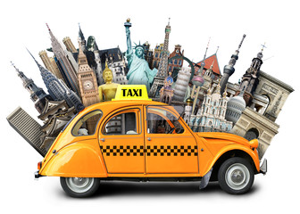 Wall Mural - retro taxi on the background of landmarks, travel