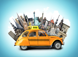 Wall Mural - retro taxi on the background of landmarks, travel