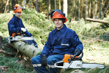 Wall Mural - Lumberjack worker with chainsaw in the forest