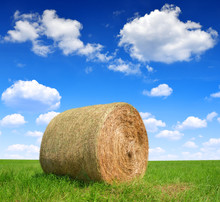 Straw Bale In A Lush Green Field And Blue Sky