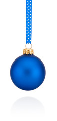 Blue Christmas ball hanging on ribbon Isolated on white backgrou