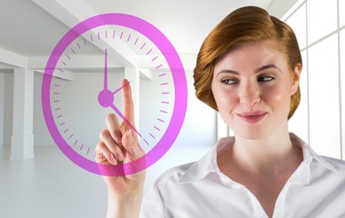 Poster - Composite image of businesswoman smiling and pointing