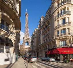 Fototapete - Paris Straßenszene mit Eiffelturm