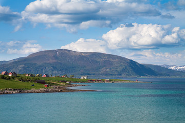 Wall Mural - scenic view of fjord and village, Norway, Lofoten