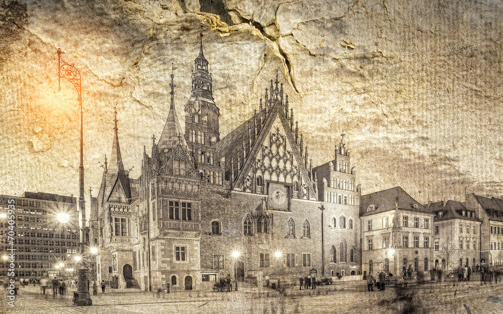 Wrocławski ratusz w stylu retro. - obrazy, fototapety, plakaty 
