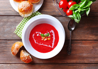 Wall Mural - Gazpacho soup on color wooden background