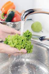 Wall Mural - Washing fruits and vegetables close-up