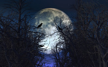 Spooky Background With Crows In Trees Against Moonlit Sky