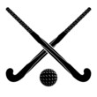 Two black silhouettes sticks for field hockey and ball on a whit