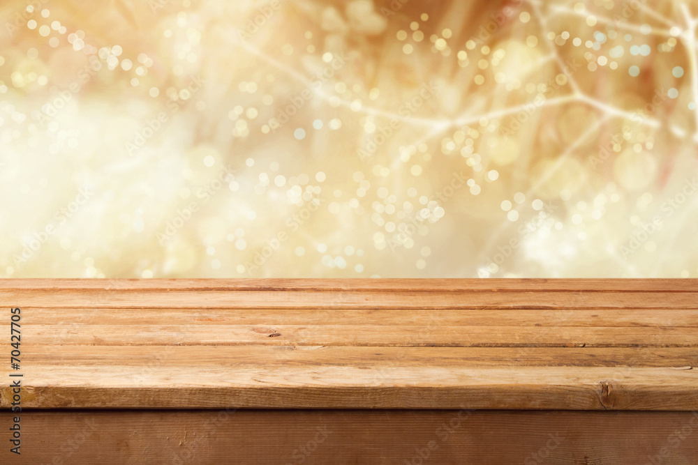 Golden bokeh background with empty wooden table Stock Photo | Adobe Stock
