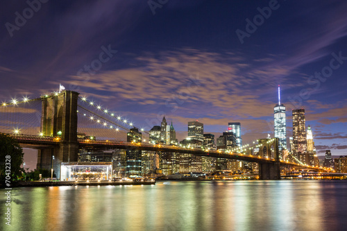 Plakat Brooklyn Bridge i Downtown Skyscrapers w Nowym Jorku o zmierzchu