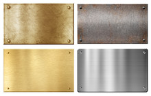 Brass, Steel, Aluminum Metal Plates Set Isolated On White